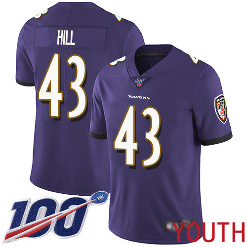 Baltimore Ravens Limited Purple Youth Justice Hill Home Jersey NFL Football #43 100th Season Vapor Untouchable